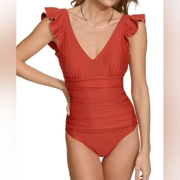 DKNY One-Piece Ruched Ruffle Trim Swimsuit Size L. NWT. A8 - Picture 2 of 4